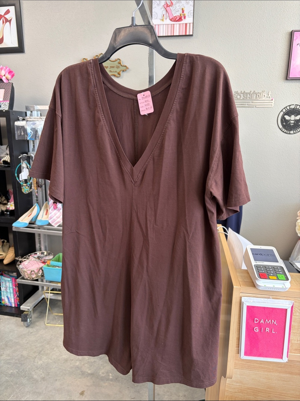 Women's V-Neck Short Sleeve Bodysuit in Chocolate Brown